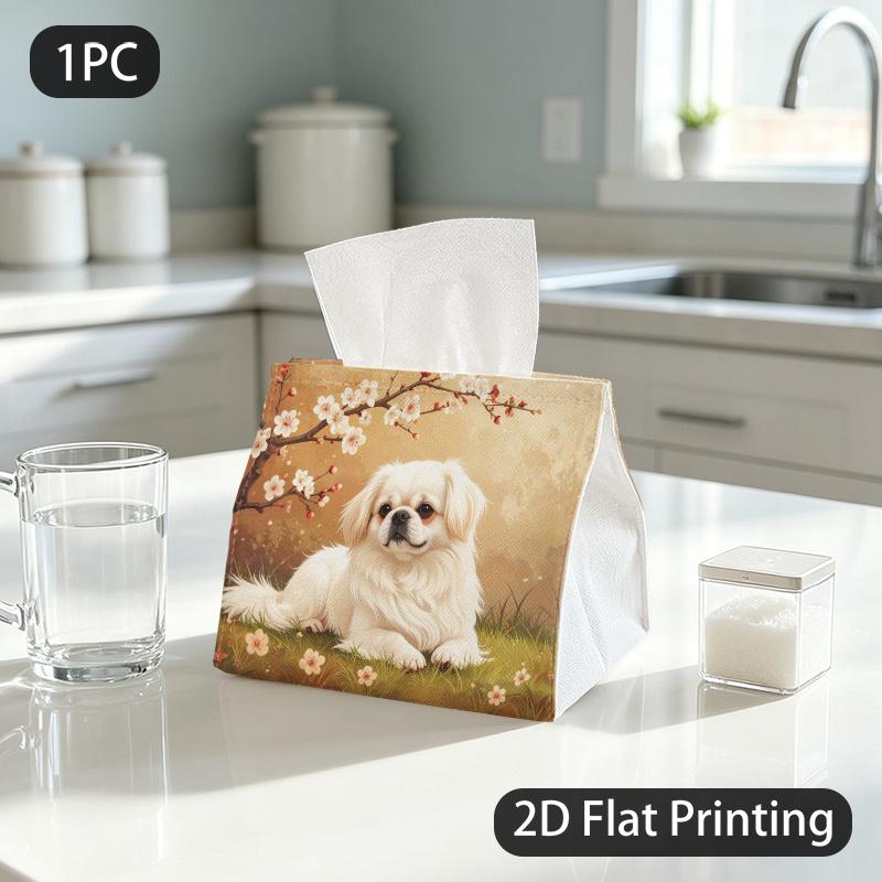 1pc Tissue Box, Warm Vintage Pekingese Dog Cherry Blossom Calm Pattern, 2D Flat Printing, Polyester Material, Can Be Washed, Tissue Container, for The