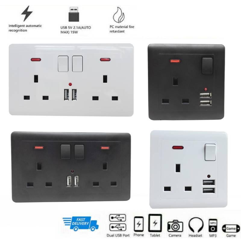 Double Uk Wall Plug Socket 13a 2 Gang With Power Switch 2 Usb Outlets Charger