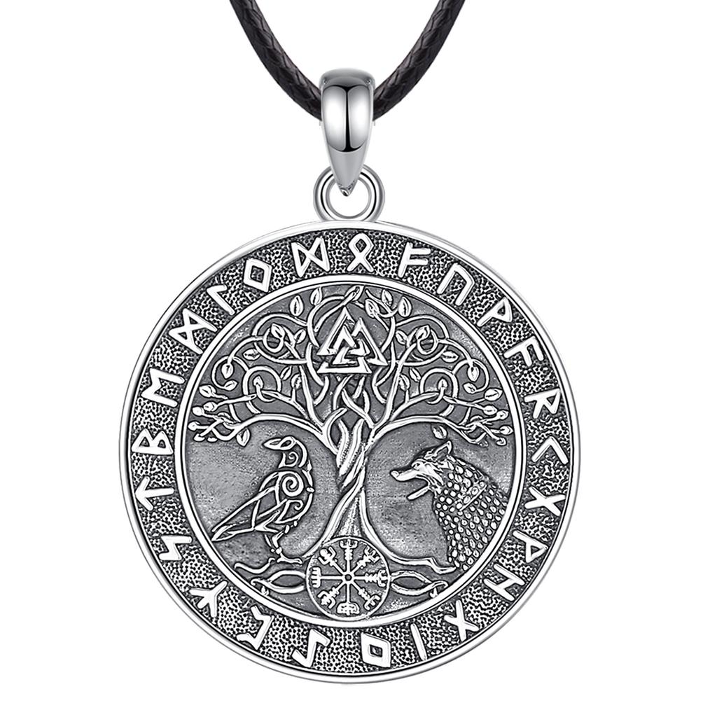 Eudora 925 Silver Viking Wolf Crow Necklace for Women Man Compass Tree of Life Runes Amulet Pendant Personality Jewelry