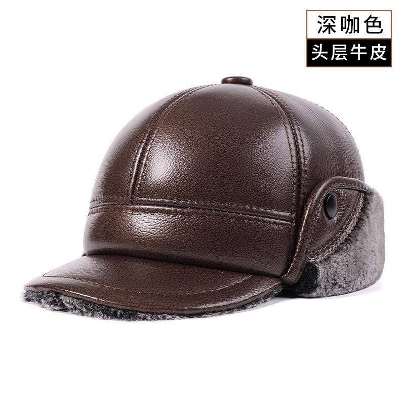 Men Genuine Cowhide Leather Winter Hat Thick Warm Trapper Cap with Ear Flaps Outdoor Windproof Baseball Bomber Hat for Elderly
