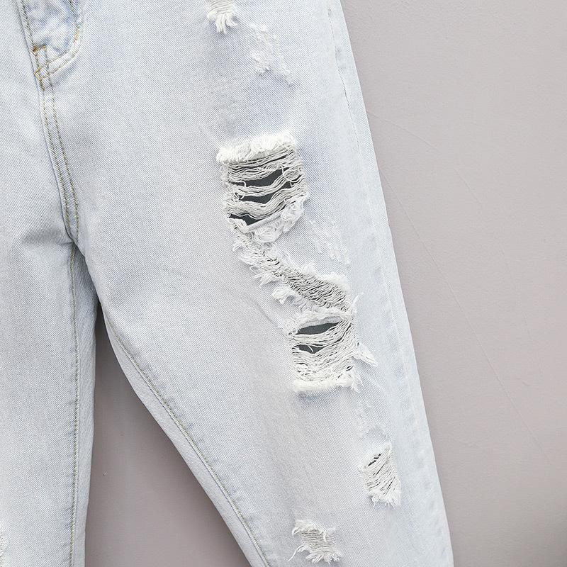High Waist Loose Women's Denim Jeans Tear Hole Nine Points Summer Thin Autumn Wear Dad Harlan Pants Cotton Polyester Blend