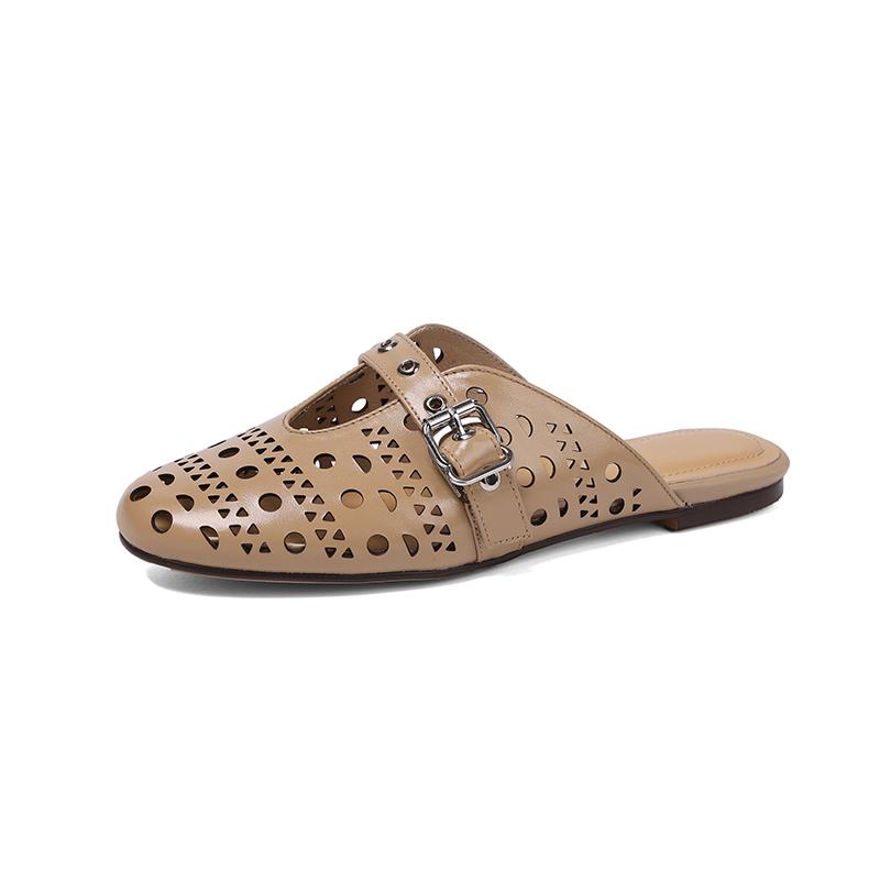 Fashion New women's cowhide round toe breathable belt buckle, low heel, large toe, Mueller slippers, perforated shoes 44 45 46 47 48