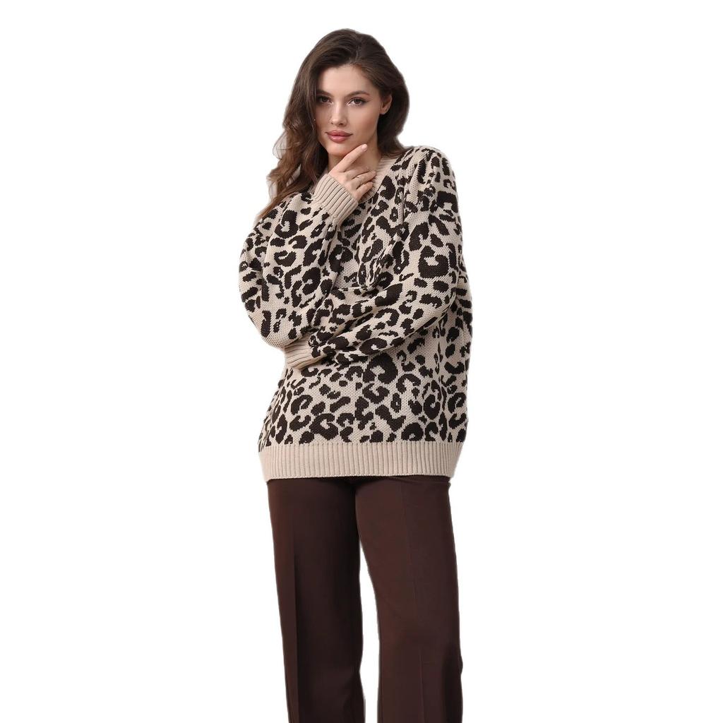 Women's Autumn and Winter Leopard Print Jacquard Crew Neck Knitted Sweater Loose Shoulder Lantern Sleeve Casual Pullover