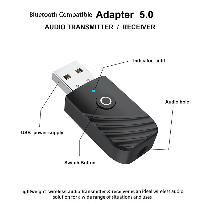 Bluetooth-compatible Dongle 3 in 1 BT5.0 USB Adapter Stereo Audio Transmitter Receiver for TV Computer Car Earphone Headset