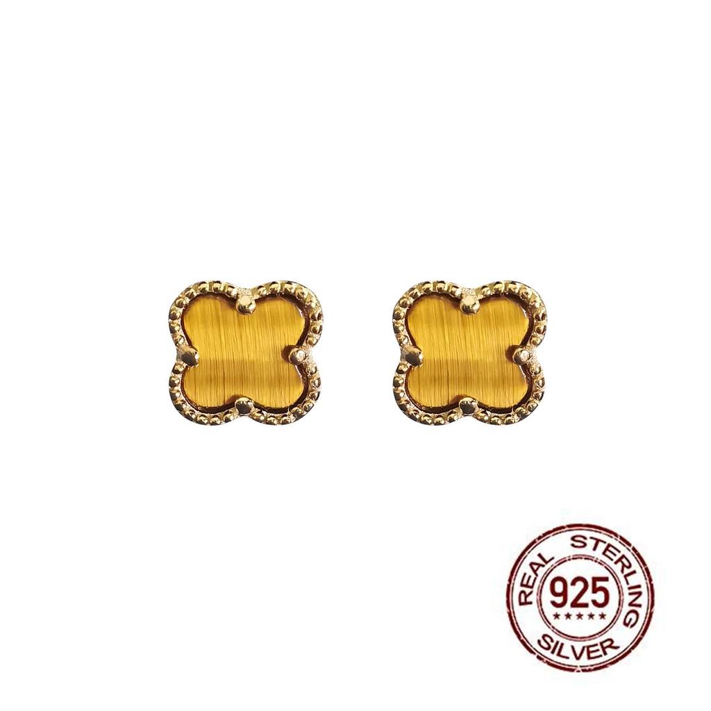 925 Sterlingsilber Vierblatt-Blume Ohrstecker 14K Vergoldet Tigeraugen Ohrringe