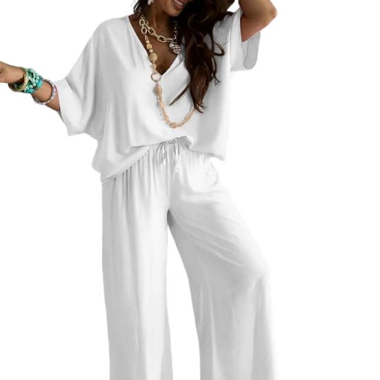 2 Teile/satz Damen Top Hosen Set Hohe Taille Einfarbig Weites Bein Faltenhose V-Ausschnitt Fledermausärmel Lockeres T-Shirt Lässiges Pendeloutfit Bluse Hosen Set