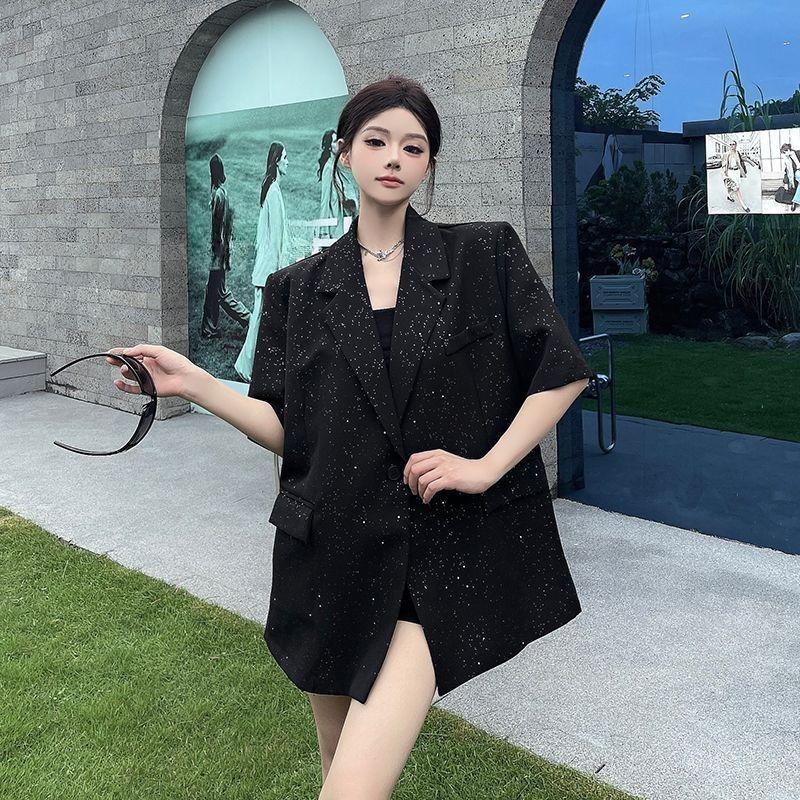 Women Summer Black Starry Sky Loose Padded Shoulder Sequined Short Sleeve Blazer Glittery Design Casual Fashion Outerwear Top