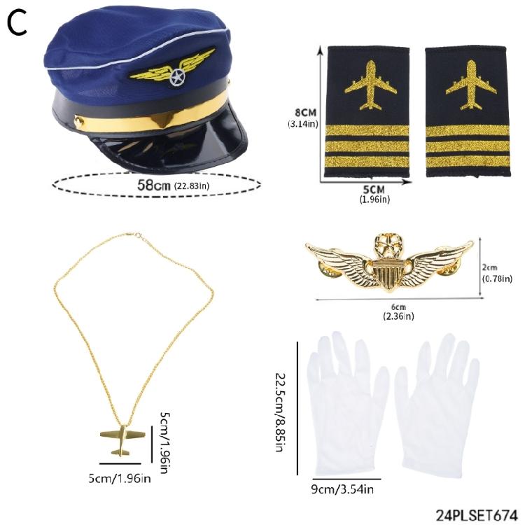 Flight Attendant Costume Captain Outfits Captain Hat Uniform Epaulets Neck Tie Gloves Stewardess Cosplay Accessories