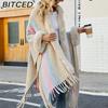 BITCED Hooded Cape Women's Fall/Winter Striped Knit Fringe Shawl