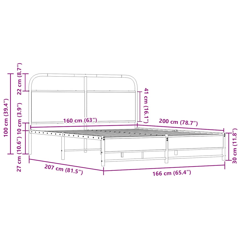 Metal Bed Frame without Mattress Sonoma Oak Finish 160x200 cm