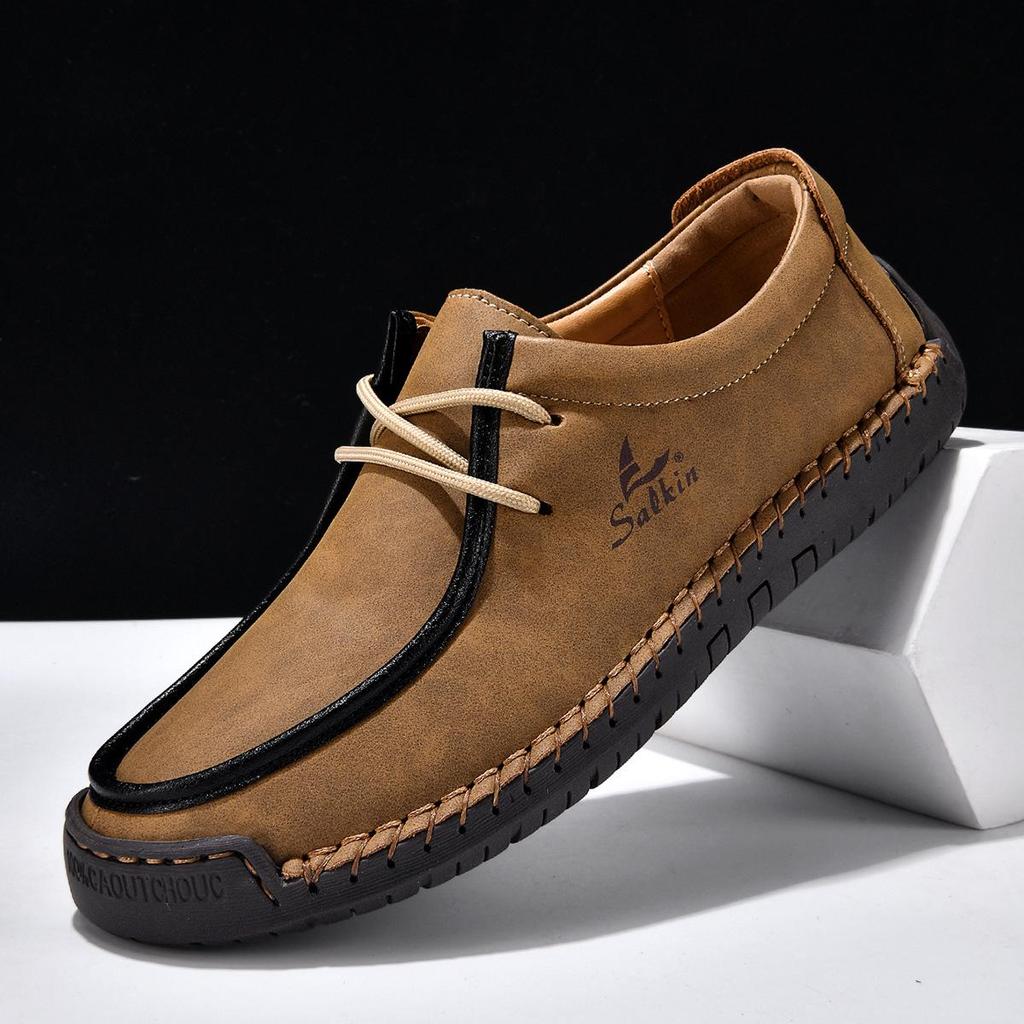 Men's Hand-stitched Leather Slip-on Loafers - Outdoor Casual Flat Shoes, Low-top & Large Size.