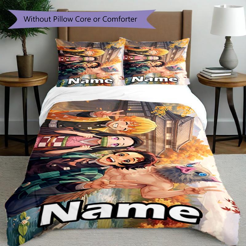 Set cuvertură de pilota 3 buc (1 * Husă de pilota + 2 * Față de pernă, Fără Miez), Set de așternut personalizat cu nume și model Demon Slayer, Cadou pentru Decorarea Dormitorului de Acasă