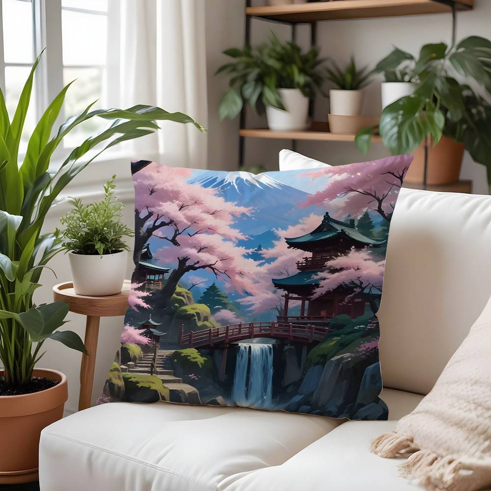 

Pink Cherry Blossom Japan Landscape Pillow Case Plush Fabric Soft Pillowcase Double Sided Print Cushion Cover Household Gifts 16x16Inch