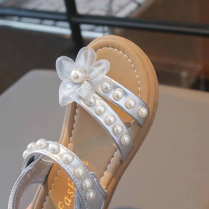 Prinzessinnen-Sandalen für Mädchen mit Perlenblumen-Dekor Weiche Gummisohle Strand-Festlich-Wear