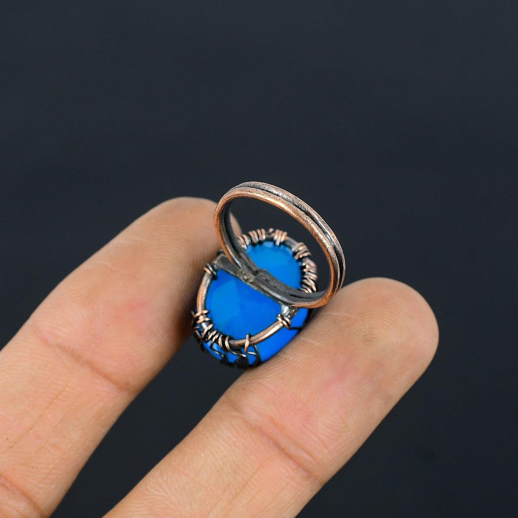 Tree Of Life Aqua Chalcedony Gemstone Copper Wire Wrapped Handmade Jewelry Ring For Mother