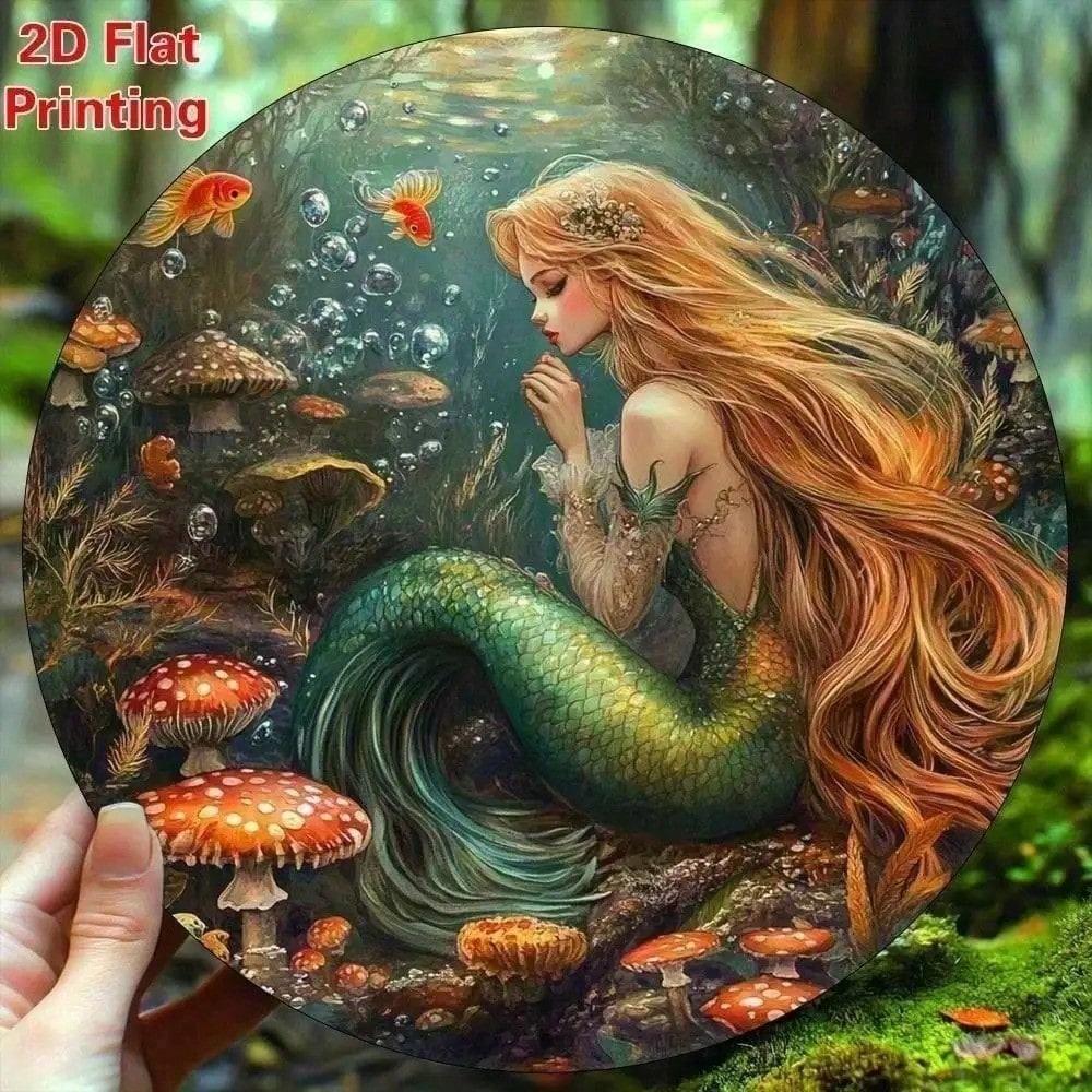 Mermaid Mushroom Seashell Metal Wall Art Round Tin Sign 8x8 Boho Home Decor разноцветный