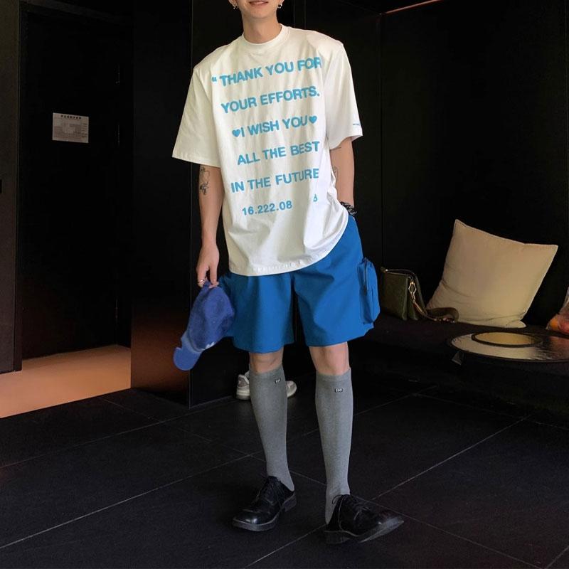 

Mens Summer White Blue Slogan Print Oversized Short Sleeve Tee M