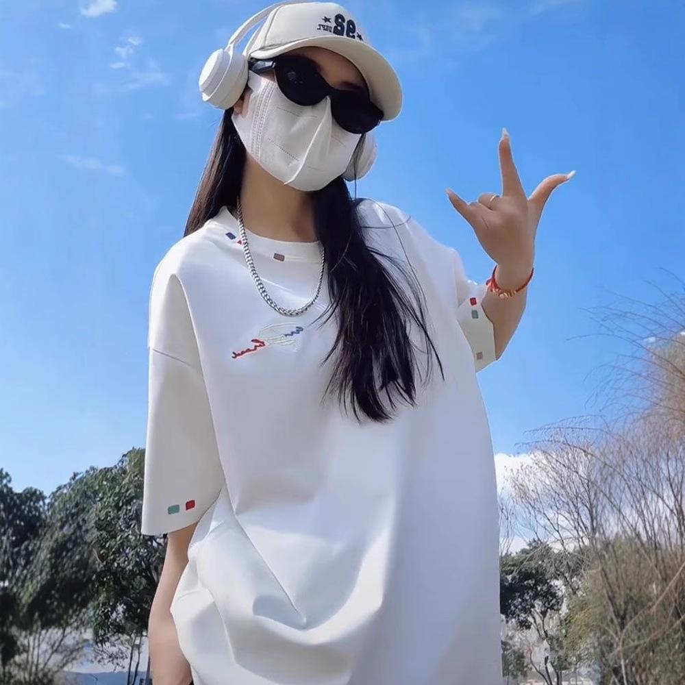 

230 г Тяжелая футболка из чистого хлопка с вышивкой, с коротким рукавом - Нишевый дизайн, Свободный повседневный летний топ, Уличный тренд XXL (recommended for 130-150 jin) белый