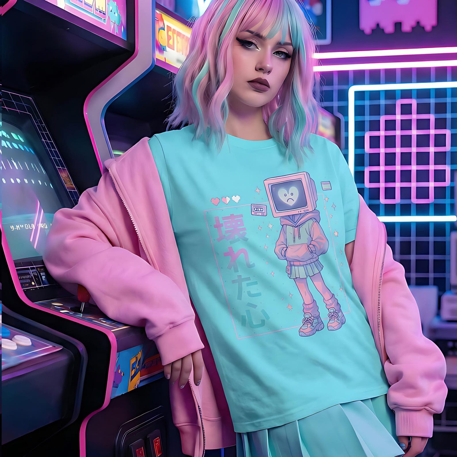 Kawaii Vaporwave TV Head T-Shirt | Pastel Goth Anime Graphic Tee S