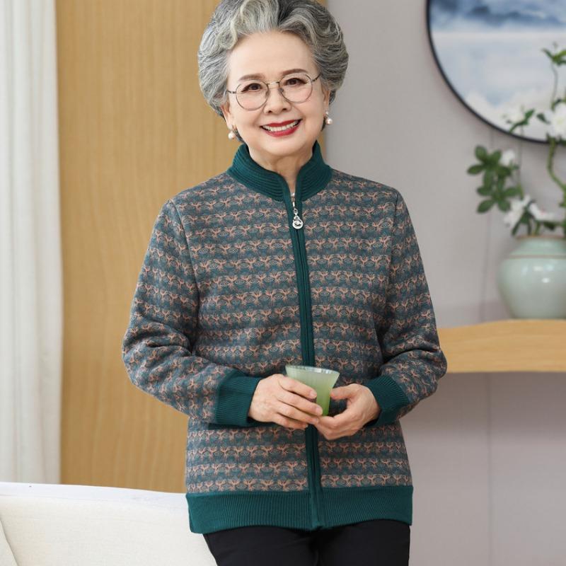 Grandma autumn and winter clothes middle-aged and old knitted sweaters for women, elderly clothes, mother's fleece thickened coat, wife's warm sweater