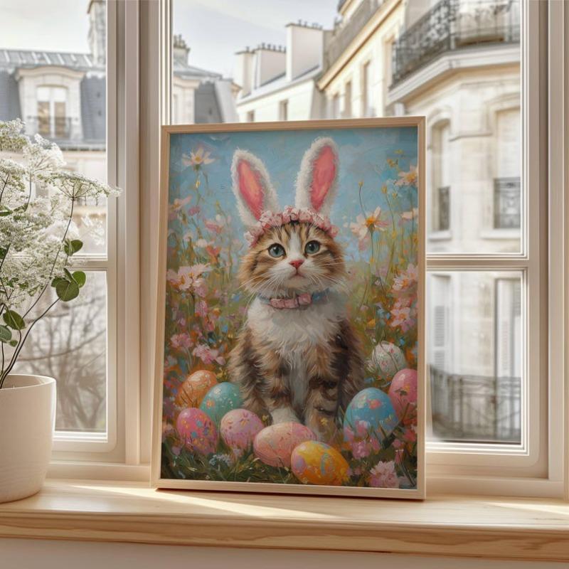Cat with Bunny Ears Easter Canvas Wall Poster Art Decoration, Floral Cat and Easter Eggs Print, Cute Easter Decor,Unframe 21X30CMNo Framed