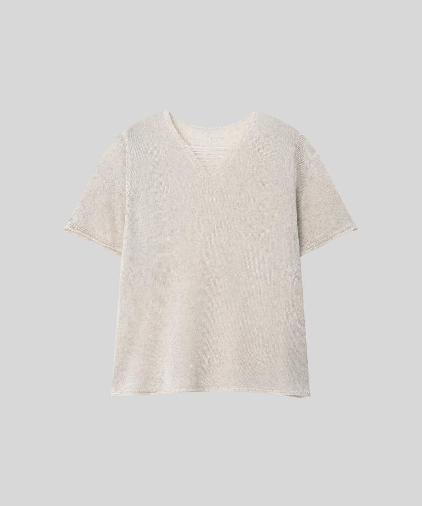 OCCUR Cooling Linen Lyocell Blended V-Neck Short Sleeve Knit, Oatmeal