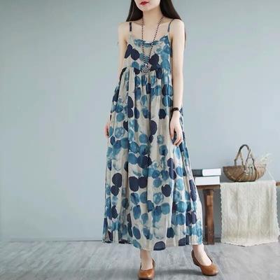 Sleeveless Strap Vintage Floral Polka Dot New In Dresses for Women Casual Loose Long Summer Beach Dress Elegant Clothing