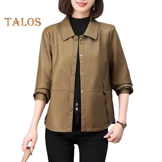 

Женская куртка из искусственной кожи с гладкой поверхностью, отложным воротником, однобортным кроем, карманами, длинными рукавами, ретро-пальто для мотоциклистов, верхняя одежда больших размеров для путешествий XL коричневый