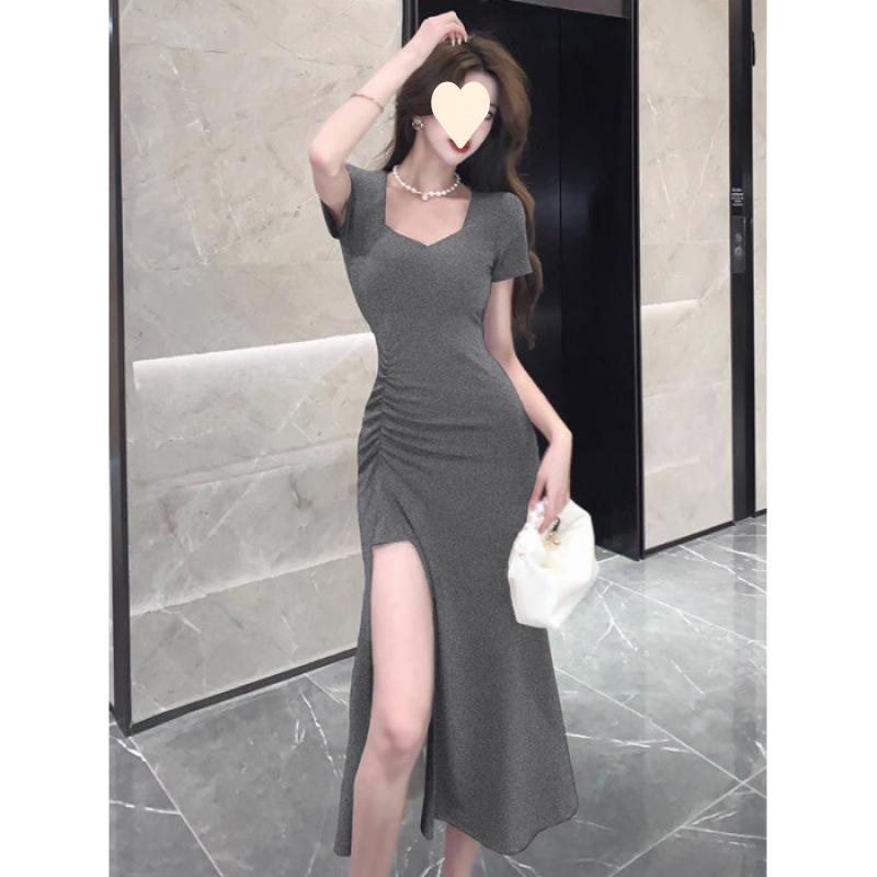 Summer dress new light and mature style sexy temperament split-ended dress niche design sense slim and thin pleated long dress women
