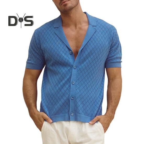 Herren-Jacquard-Strickhemd, kurzärmelig, Button-Down-Oberteil mit kubanischem Kragen, Rautengittermuster, Freizeithemd für den Alltag, Partys, Reisen