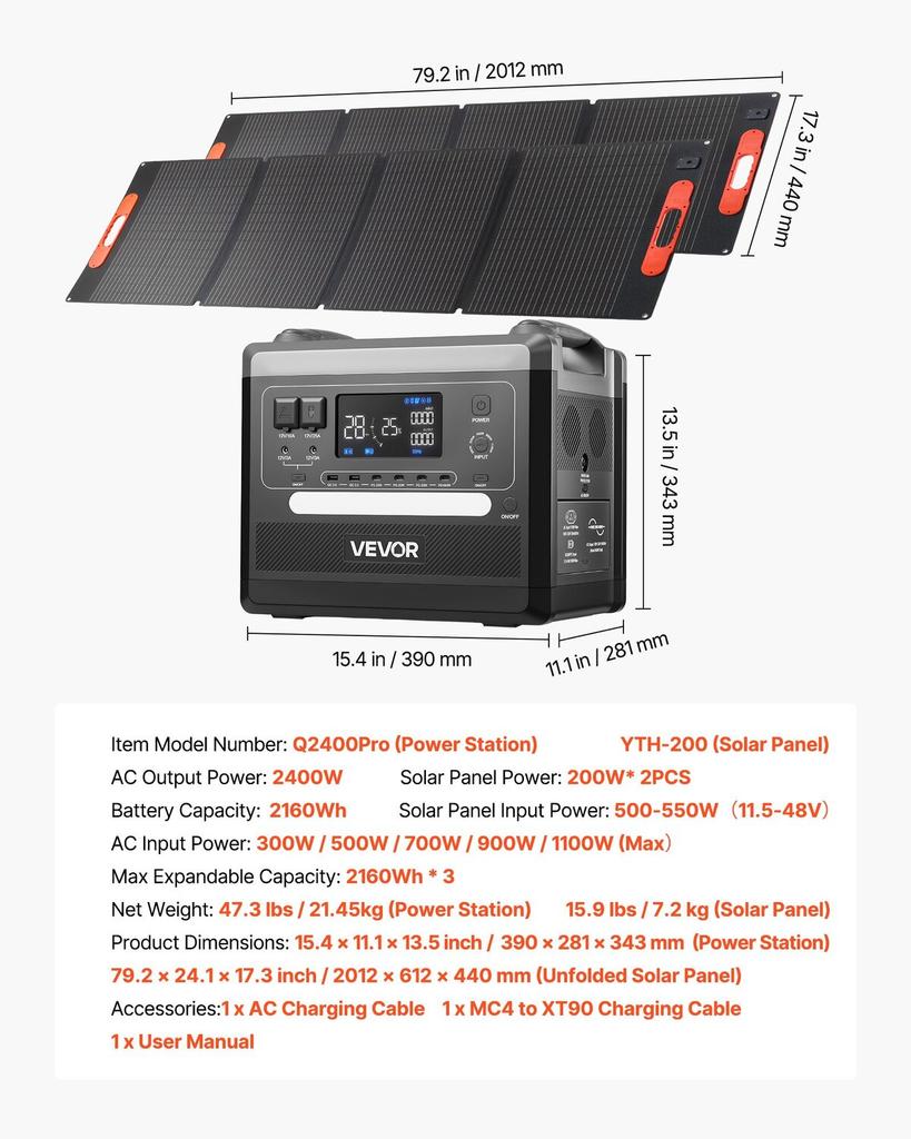 Portable Power Station, 2400W Portable Solar Generator with 2PCS * 200W Foldable Solar Panels, 2160Wh Expandable LiFePO4 Battery Backup with 10 Output