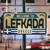 Placă Industrială Vintage din Aluminiu Bun Venit în Lefkada Grecia cu Design Steag Grec Decor Rustic de Perete pentru Sufragerie Dormitor