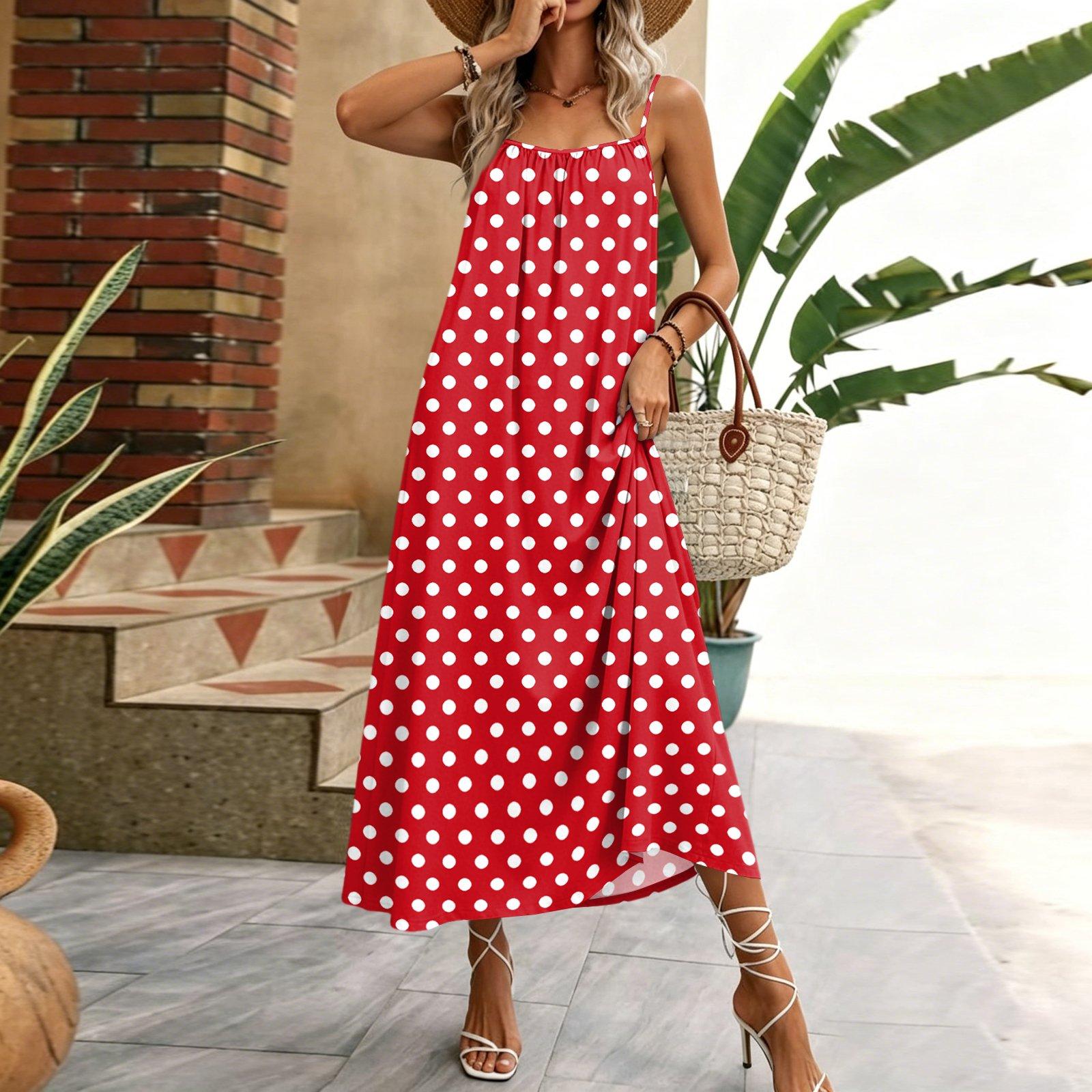 

Women Sleeveless Polka Dot Maxi Dress Summer Casual Long Dress with Adjustable Spaghetti Straps Lightweight Beach Dress for Vacation XL