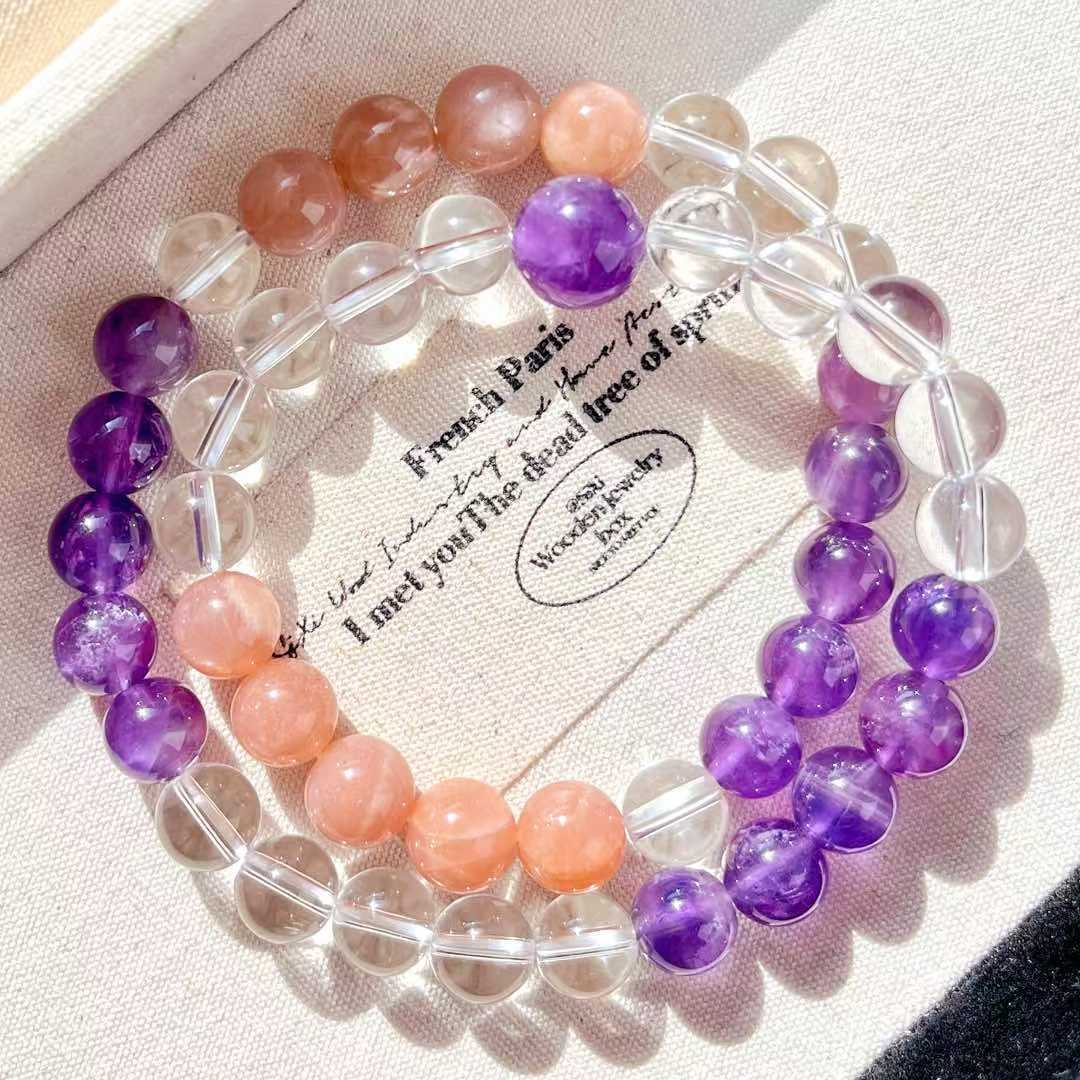 Retro High Quality Natural Vitreous White Crystal Sunstone Amethyst Multi-Circle Bracelet Bracelet