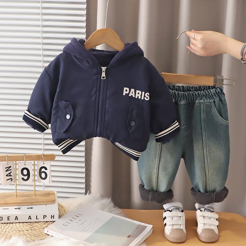 

Комплект из 2 предметов с длинным рукавом для мальчиков, осенне-зимний, детский флисовый теплый жакет + повседневный комплект из плотных джинсов для детей 0-5 лет XXL синий