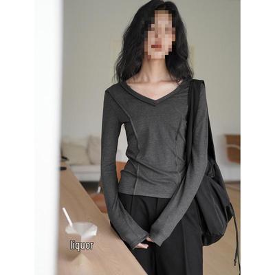 Women's Gray Drop-Shoulder Slim-Fit Fishbone Long-Sleeve Tee, New Autumn Design