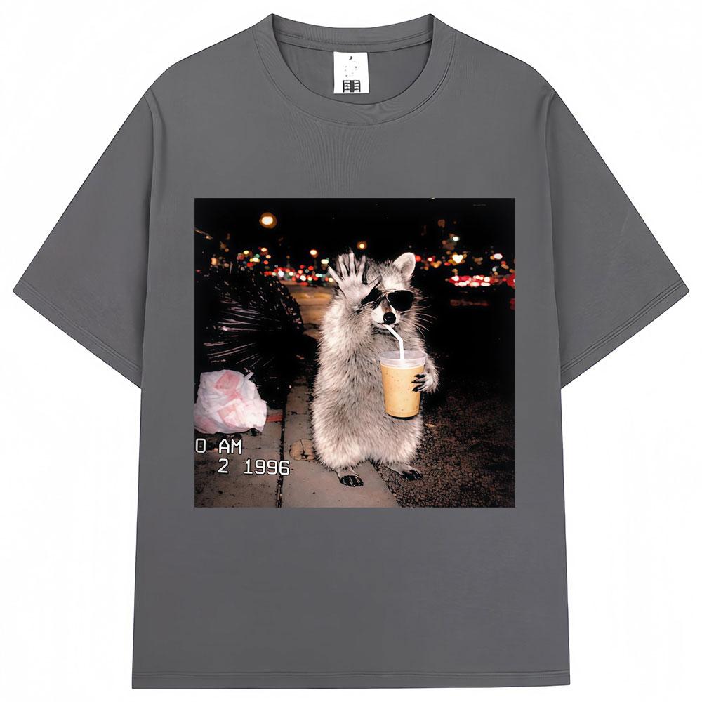 Raccoon Drinking Iced Coffee Funny Meme Print T Shirt   Humor Animal T-shirts Oversized Cotton Casual T-shirt Streetwear