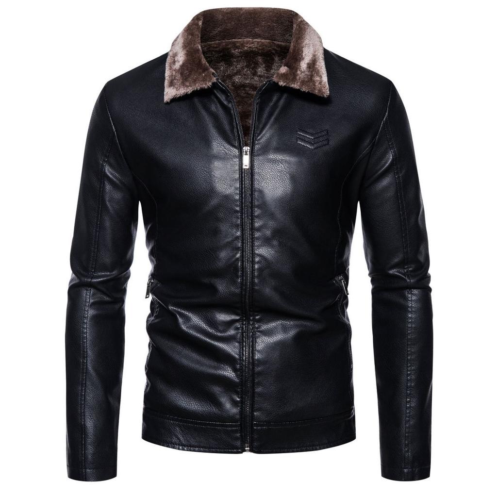 Men's Business Leather Jacket Plus Velvet Winter New Men's Pu Leather Jacket Lapel