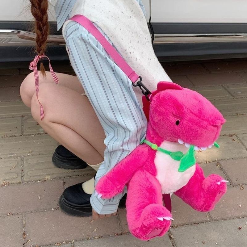 Fashnics Girls Pink Cute Dinosaur Plush Backpacks Super Soft Kawaii Animals Plushie Crossbody Bag Versatile Knapsack For Birthday Gifts