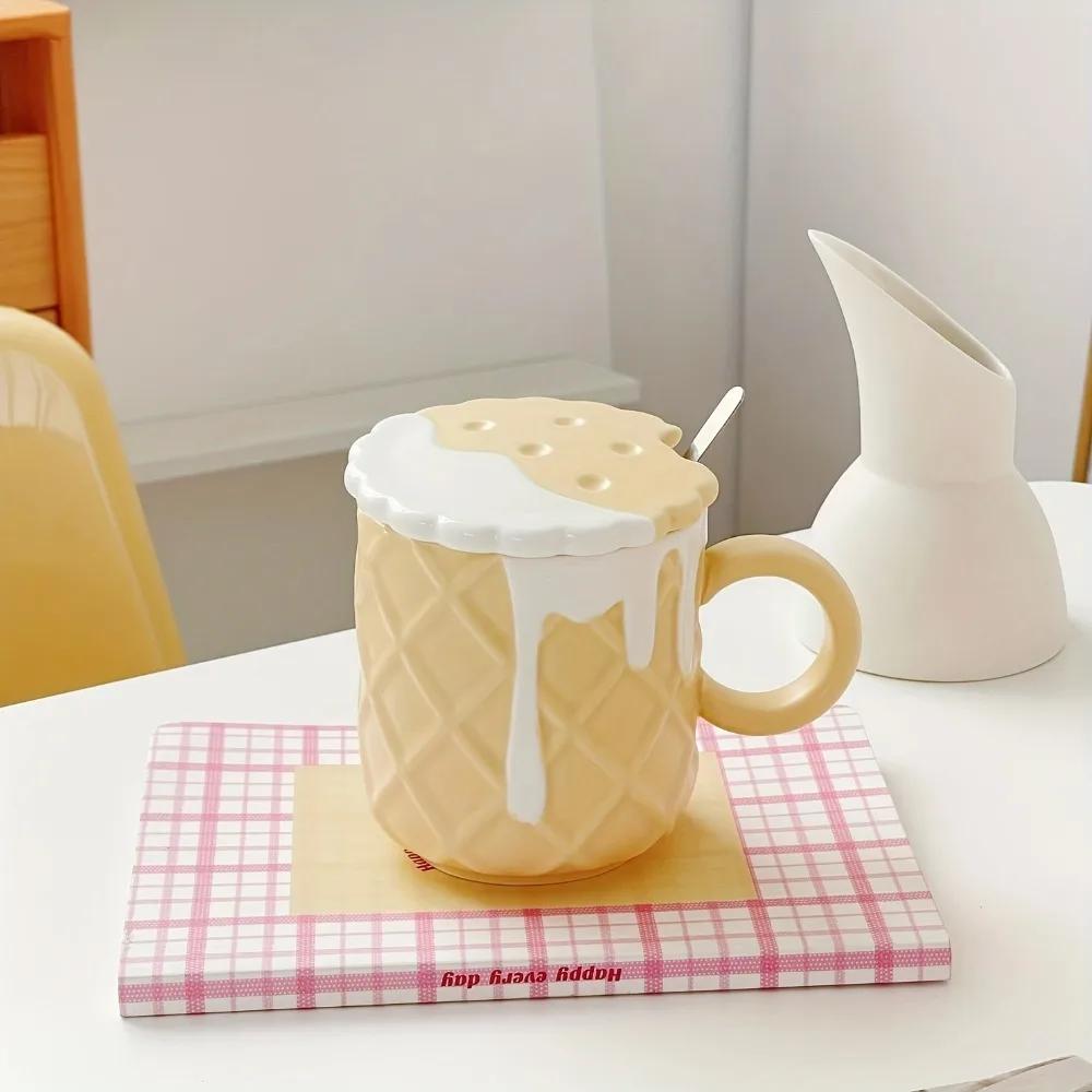 1pc 400ML Biscuit Pattern Coffee Mug With Lid And Spoon Ceramic Coffee Cups Cute Kawaii Water Cup Summer Winter Drinkware Gifts