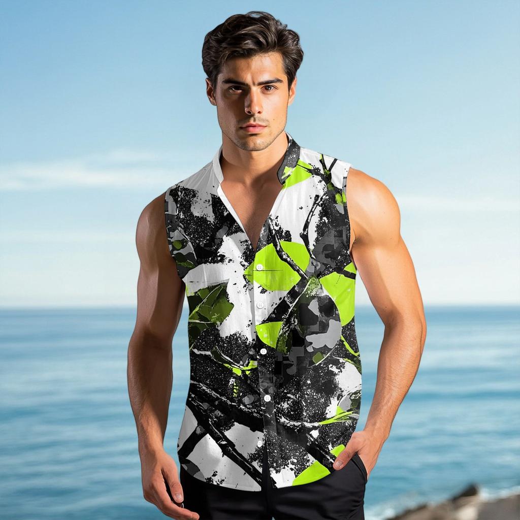 Herr Mode Tryckt Ärmlös Revers Knäppskjorta Väst Topp