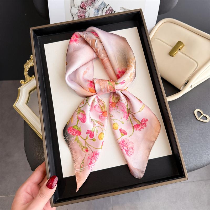 Spring Summer Fashion Luxury 70Cm Square Women Silk Scarf Flower Print Designer Scarves Shawl Bandana Hijab Neckerchief