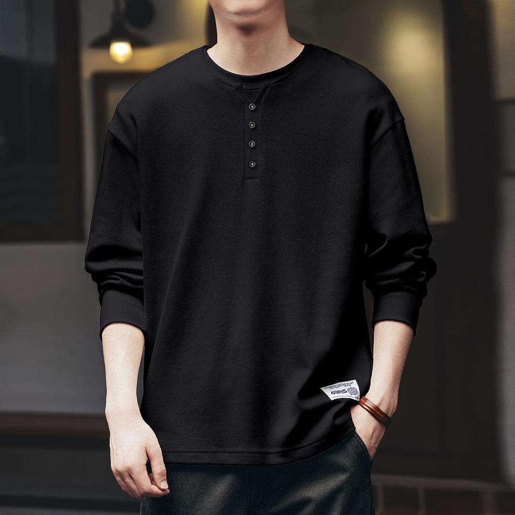 Premium Retro American Henley Collar Long Sleeve Men's Hoodie - Autumn Plus Velvet, Loose Fit High-Grade Pure Cotton POLO Shirt