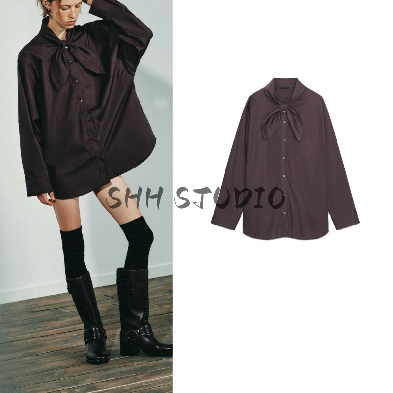 Autumn New Women's Clothing Minimalist Style Ruched Decorative Long Sleeves Scarf Neckline Poplin Shirt 4661143