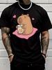 Cute Capybara Sipping Bubble Tea Unisexs Front Print T Shirt Pink Heart Cartoon Graphic Casual Short Sleeve Top Animal Lover Gift