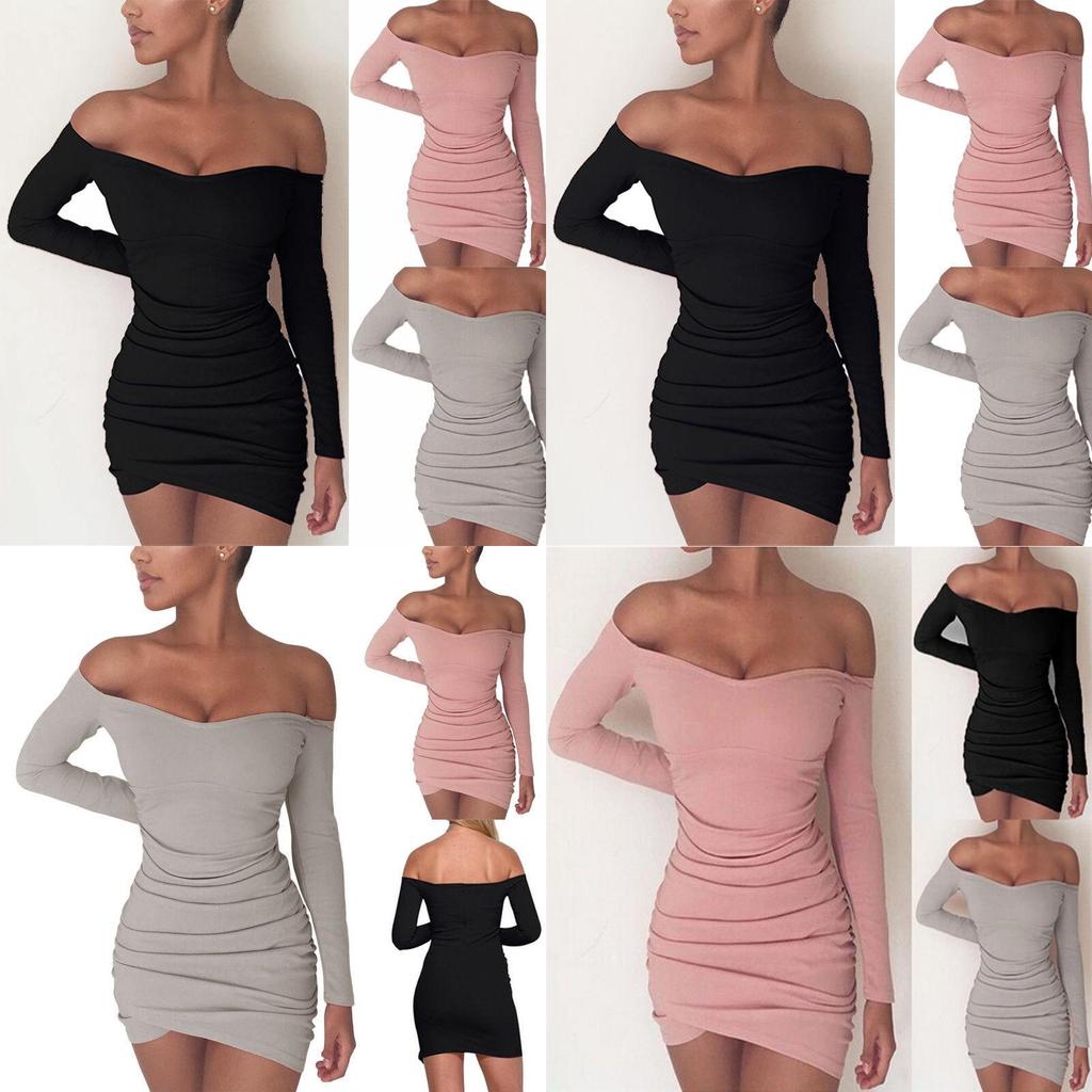 Elegant Women Long Sleeve Off Shoulder Evening Cocktail Party Club Bodycon Mini Dress Us