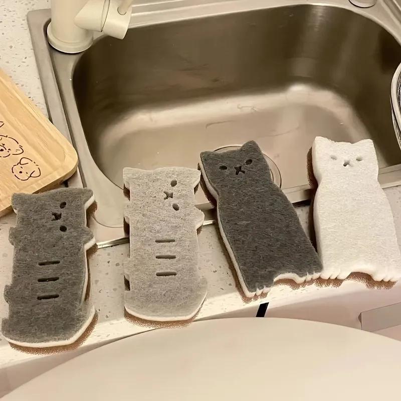 Juego de 4 esponjas de cocina con forma de gato: gruesas y duraderas, ideales para lavar y limpiar platos.