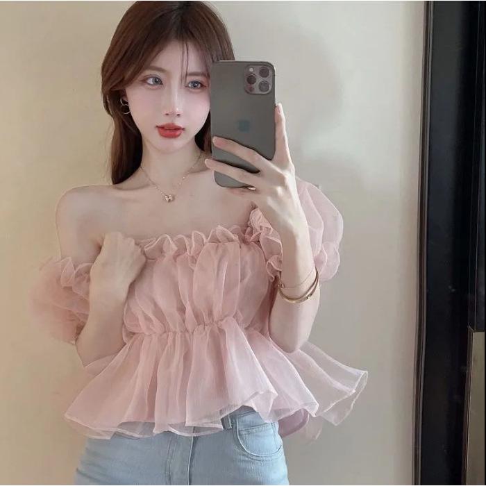 2025 Summer Women's Off-Shoulder Square Neck Puff Sleeve Top - Slim Fit Trend