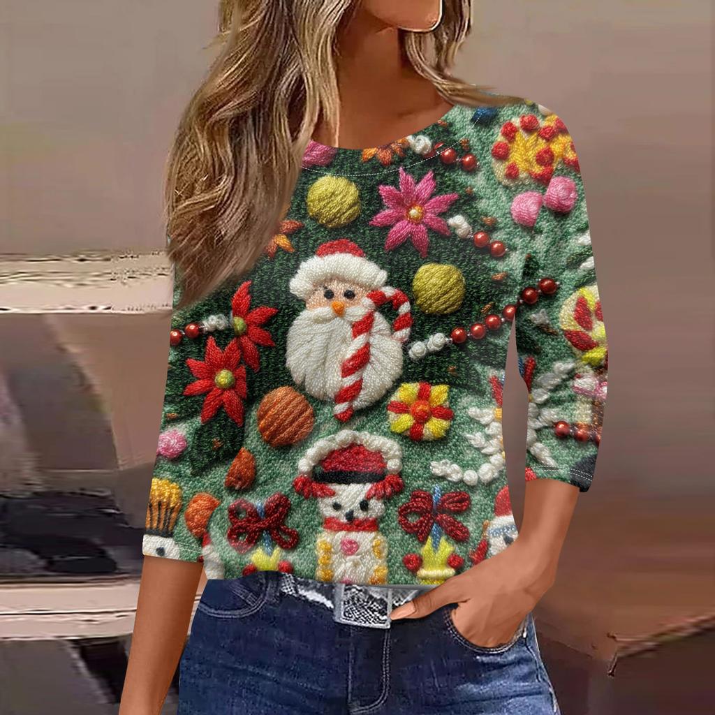 Women's Fashionable Casual Three Quarter Sleeve Christmas Printed Round Neck Top
