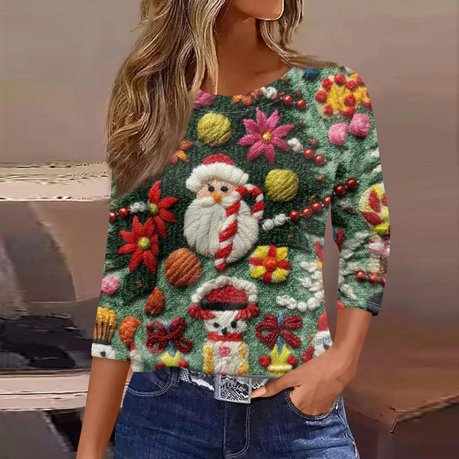 

Женская модная повседневная футболка с рукавом три четверти и рождественским принтом, круглый вырез XXL